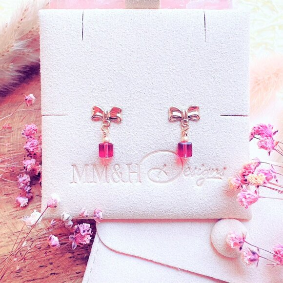 MM&H Designs Jewelry - New Gold Bow Stud Earrings with Crystal Cube | Handmade in British Columbia